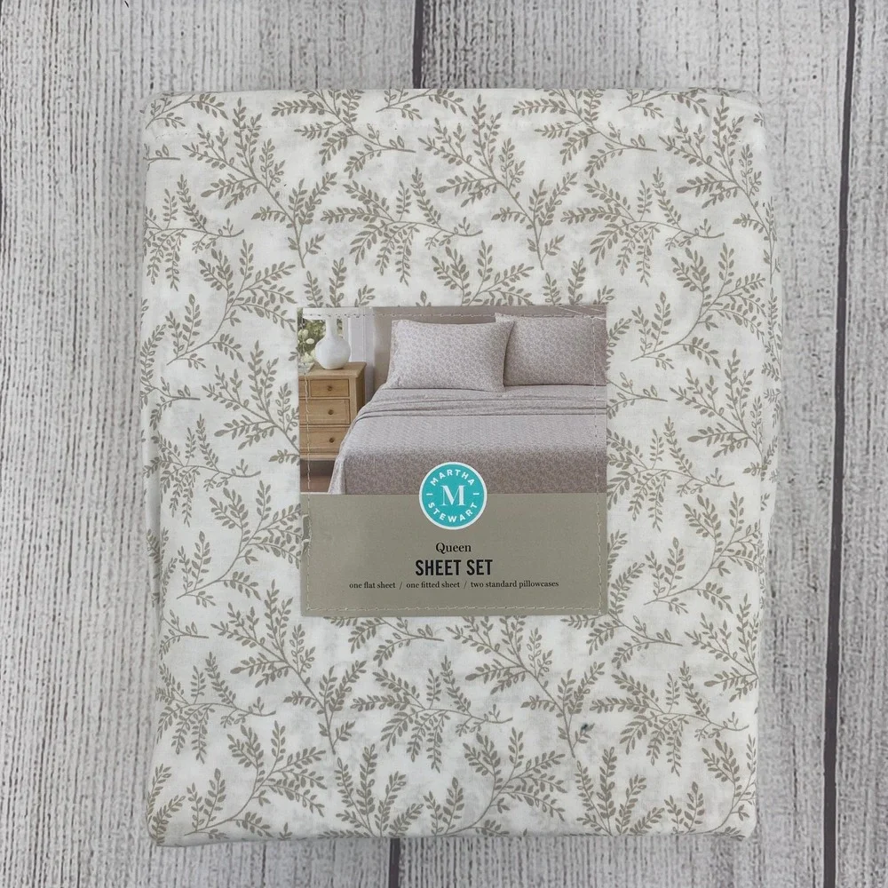 Martha Stewart Sheet Set Queen Sandcastle Tan White Cotton Botanical Vine 4pc